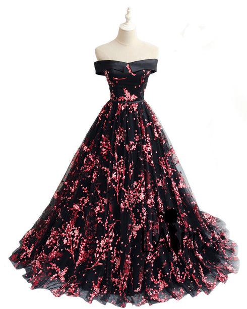 Charming Black Floral Tulle A-line Party Dress, Prom Dress