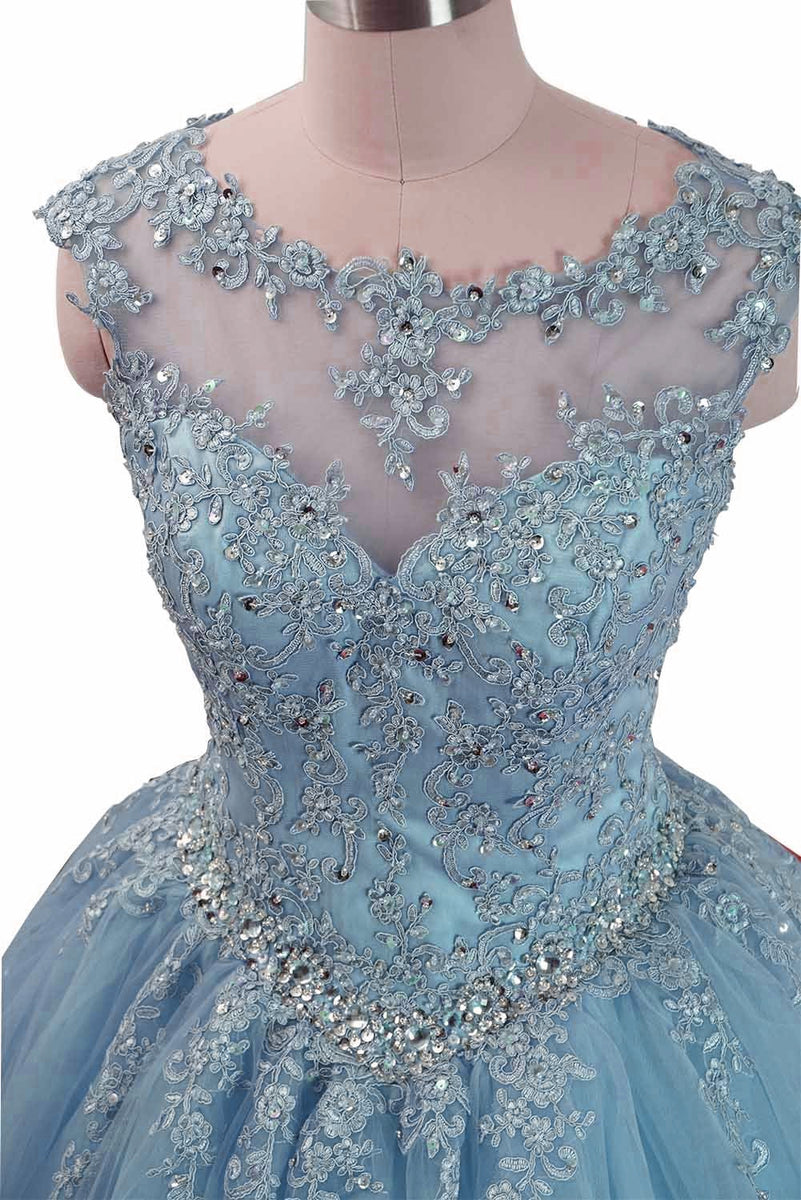 Blue Lace Short Sleeves Long Tulle Sweet 16 Gown, Blue Quinceanera Dresses