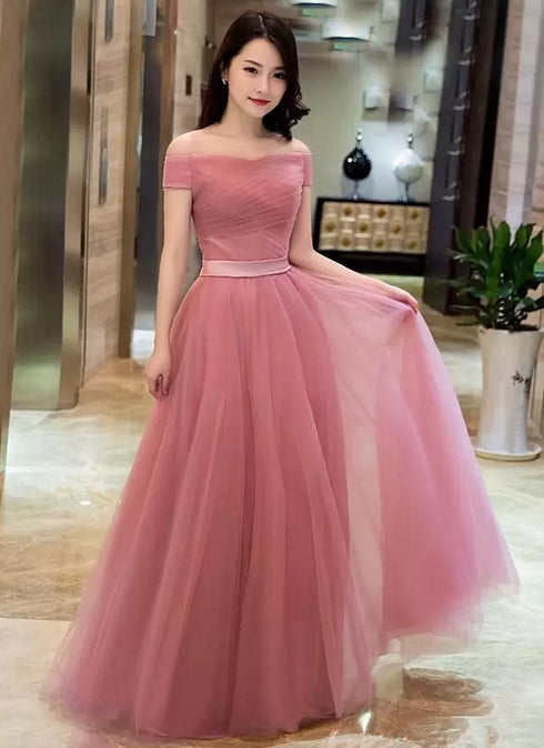 Beautiful Off Shoulder Pink Floor Length Junior Party Dress , Pink Bridesmaid Dresses
