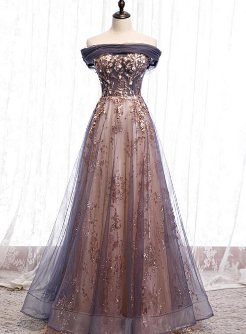 Charming A-line Tulle Long Off Shoulder Party Dress, Prom Dress