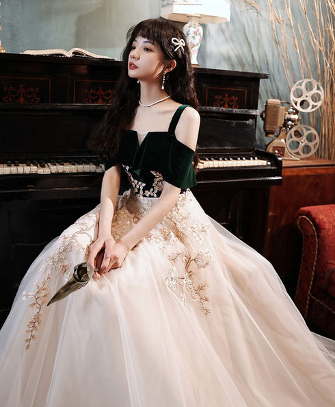 Green Velvet Top with Ivory Tulle Lace Applique Evening Dress, Long Formal Dress Prom Dress