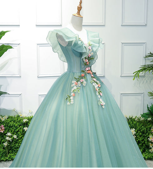 Gorgeous Green Long Tulle with Lace Applique Sweet 16 Dress, Green Formal Gown