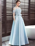 Blue Satin A-line Lace Off Shoulder Floor Length Party Dress, Blue Prom Dress Evening Dress