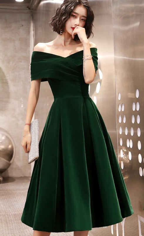 Green Velvet Off Shoulder A-line Bridesmaid Dress, Tea Length Party Dress