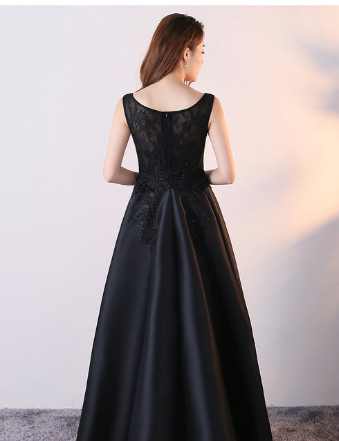 Black Satin with Lace High Low Prom Dress, Fashionable Homecoming Dress