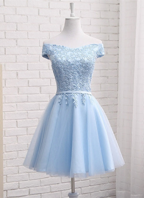 Beautiful Light Blue Off Shoulder Tulle Party Dress, Blue Homecoming Dresses