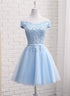Beautiful Light Blue Off Shoulder Tulle Party Dress, Blue Homecoming Dresses