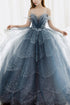 Blue Tulle Beaded Long Unique Straps Prom Dress, Blue Floor Length Party Dress