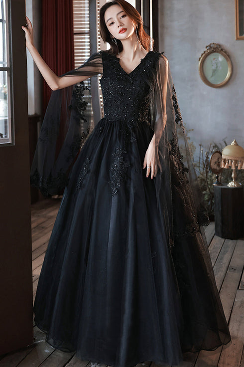 Black Tulle V-neckline Party Dress with Lace Applique, Black A-line Prom Dress