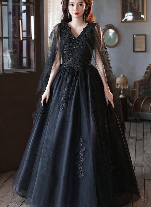 Black Tulle V-neckline Party Dress with Lace Applique, Black A-line Prom Dress