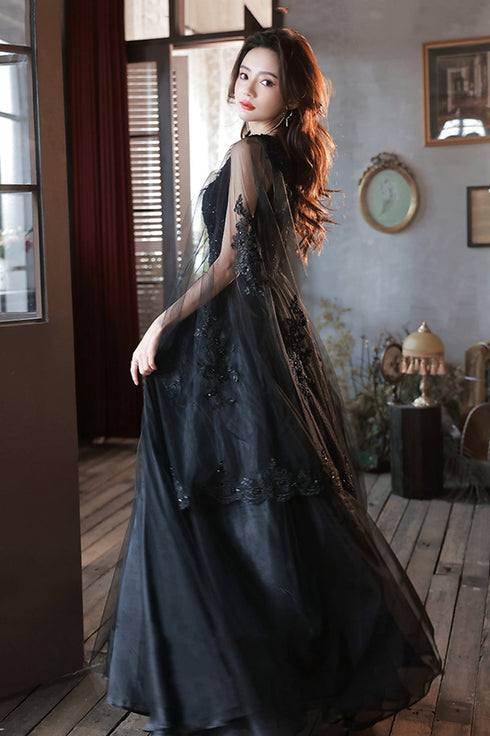 Black Tulle V-neckline Party Dress with Lace Applique, Black A-line Prom Dress