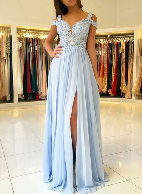 Beautiful Chiffon Light Blue with Lace Long Formal Dress, Blue Chiffon Prom Dresses