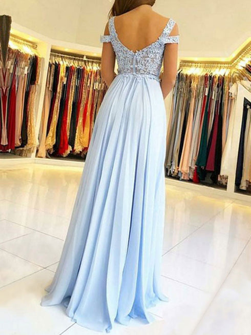 Beautiful Chiffon Light Blue with Lace Long Formal Dress, Blue Chiffon Prom Dresses