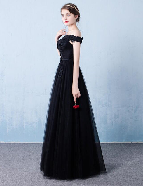 Black Off the Shoulder Tulle A-line Prom Dress, New Formal Gown