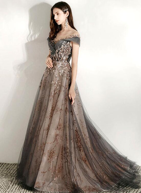 Grey and Champagne Tulle Lace Long Party Dress, A-line Formal Dress Prom Dress