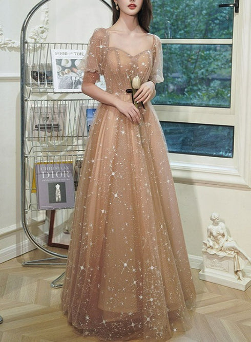 Champagne Tulle Long Evening Gown Party Dress, Short Sleeves Long Formal Dresses