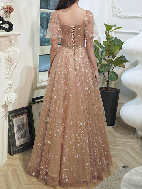 Champagne Tulle Long Evening Gown Party Dress, Short Sleeves Long Formal Dresses