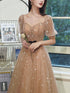 Champagne Tulle Long Evening Gown Party Dress, Short Sleeves Long Formal Dresses