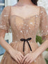 Champagne Tulle Long Evening Gown Party Dress, Short Sleeves Long Formal Dresses