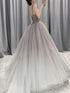 Beautiful Grey Gradient Straps Tulle Long Formal Gown, Tulle Prom Dresses