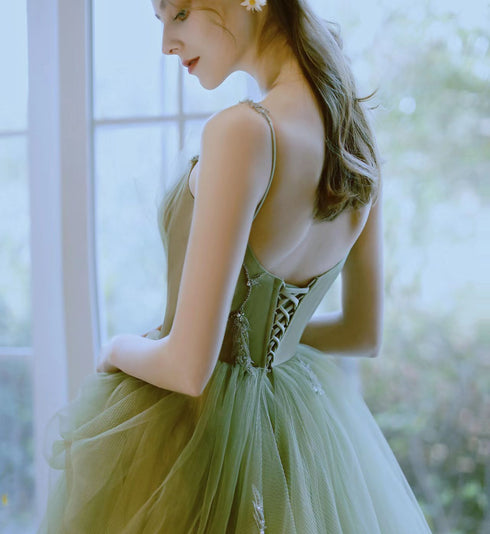Green Tulle Floor Length Straps Long Wedding Party Dress, Green Tulle Prom Dresses