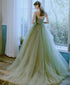 Green Tulle Floor Length Straps Long Wedding Party Dress, Green Tulle Prom Dresses