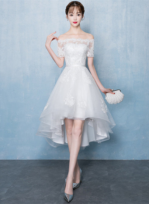 Lovely White High Low Tulle Graduation Dress, Off the Shoulder Party Dress