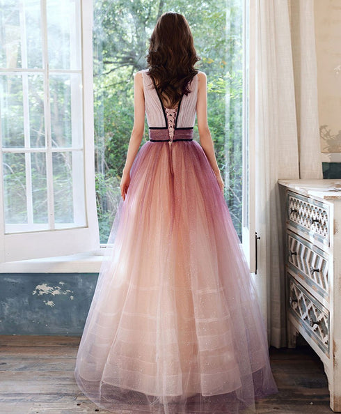 Beautiful Tulle Gradient V-neckline Long Party Dress, A-line Prom Dress New Evening Dress