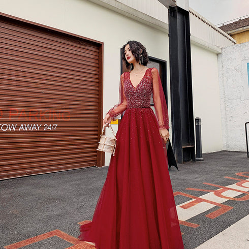Wine Red Long Sleeves Beaded Low Back Tulle Prom Dress, Wine Red Formal Dresses