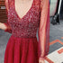 Wine Red Long Sleeves Beaded Low Back Tulle Prom Dress, Wine Red Formal Dresses