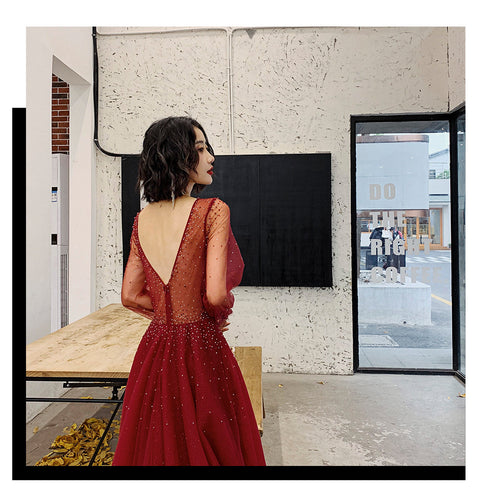 Wine Red Long Sleeves Beaded Low Back Tulle Prom Dress, Wine Red Formal Dresses