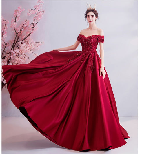Wine Red Beaded and Lace Off Shoulder Long Party Dress, Wine Red Floor Length Prom Dress