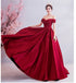Wine Red Beaded and Lace Off Shoulder Long Party Dress, Wine Red Floor Length Prom Dress