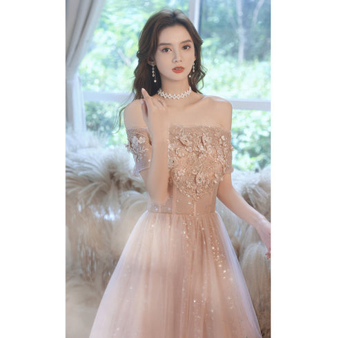Pink Tulle Off Shoulder with Lace A-line Party Dress, Pink Long Evening Gown