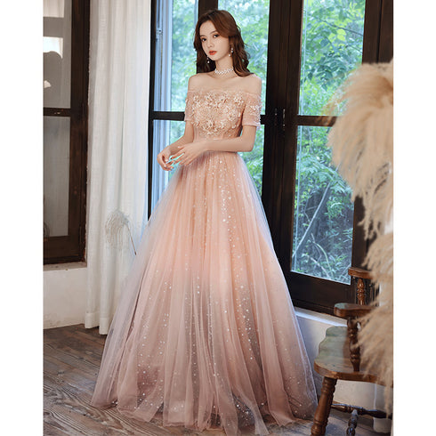 Pink Tulle Off Shoulder with Lace A-line Party Dress, Pink Long Evening Gown