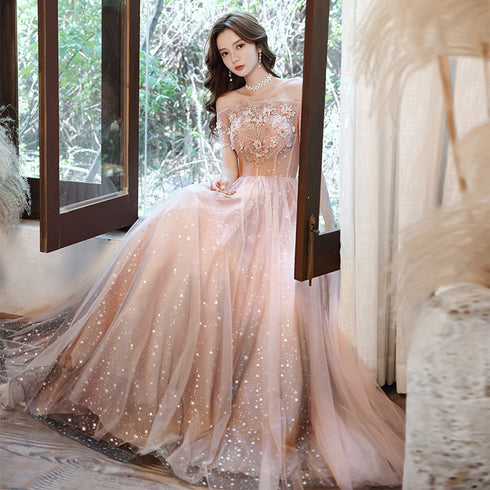 Pink Tulle Off Shoulder with Lace A-line Party Dress, Pink Long Evening Gown