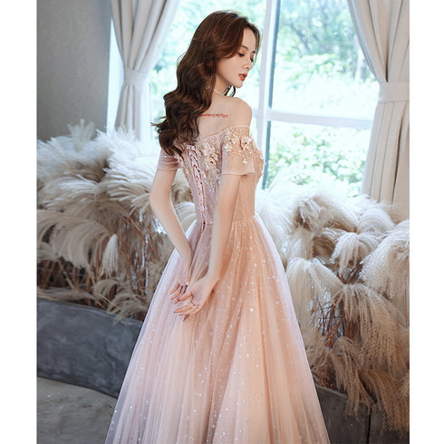 Pink Tulle Off Shoulder with Lace A-line Party Dress, Pink Long Evening Gown