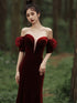 Wine Red Off Shoulder Velvet Mermaid Wedding Party Dress, Wine Red Long Prom Dress