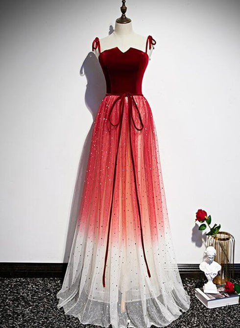 Pretty Red Tulle with Sequins Long Party Gown, Beautiful Red Formal Dress