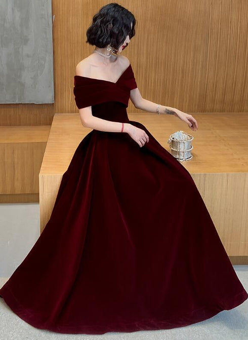 Charming Wine Red Velvet Off Shoulder Long Party Dress, A-line Prom Dress