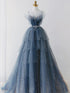 Blue Sparkle Beadedd Tulle Floor Length Party Dress, Blue Junior Prom Dress