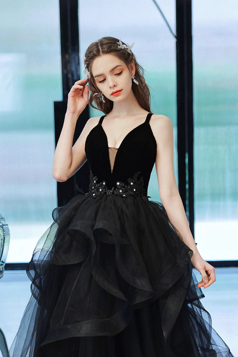 Black Straps V-neckline Tulle Long Party Dress, Black Low Back Prom Dr