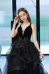 Black Straps V-neckline Tulle Long Party Dress, Black Low Back Prom Dress Formal Dress
