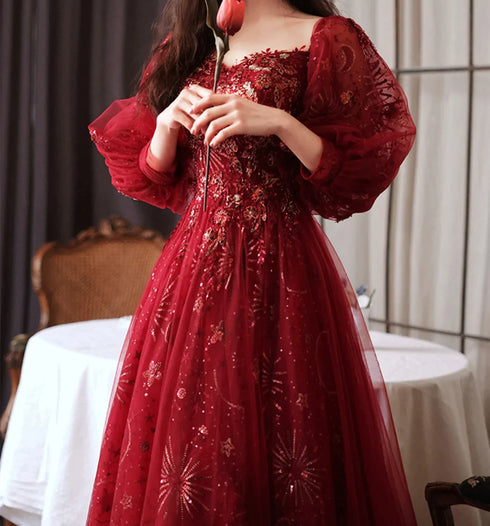 Wine Red Puffy Sleeves Tulle Long Party Dress, A-line Wine Red Floor Length Prom Dress