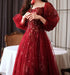 Wine Red Puffy Sleeves Tulle Long Party Dress, A-line Wine Red Floor Length Prom Dress