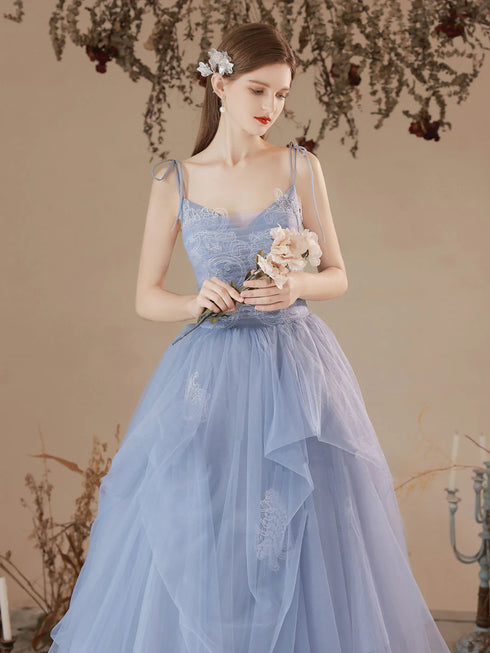 Light Blue Tulle with Lace Straps A-line Prom Dress, Blue Straps Evening Dress