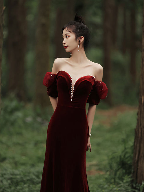 Wine Red Off Shoulder Velvet Mermaid Wedding Party Dress, Wine Red Long Prom Dress