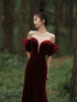 Wine Red Off Shoulder Velvet Mermaid Wedding Party Dress, Wine Red Long Prom Dress