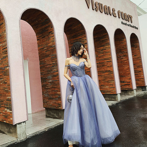 Glam Light Purple Tulle Beaded Sweetheart Long Party Dress, A-line Tulle Formal Dresses