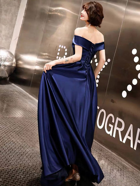 Blue Off Shoulder Prom Dress, Blue Satin Party Gown Prom Dress